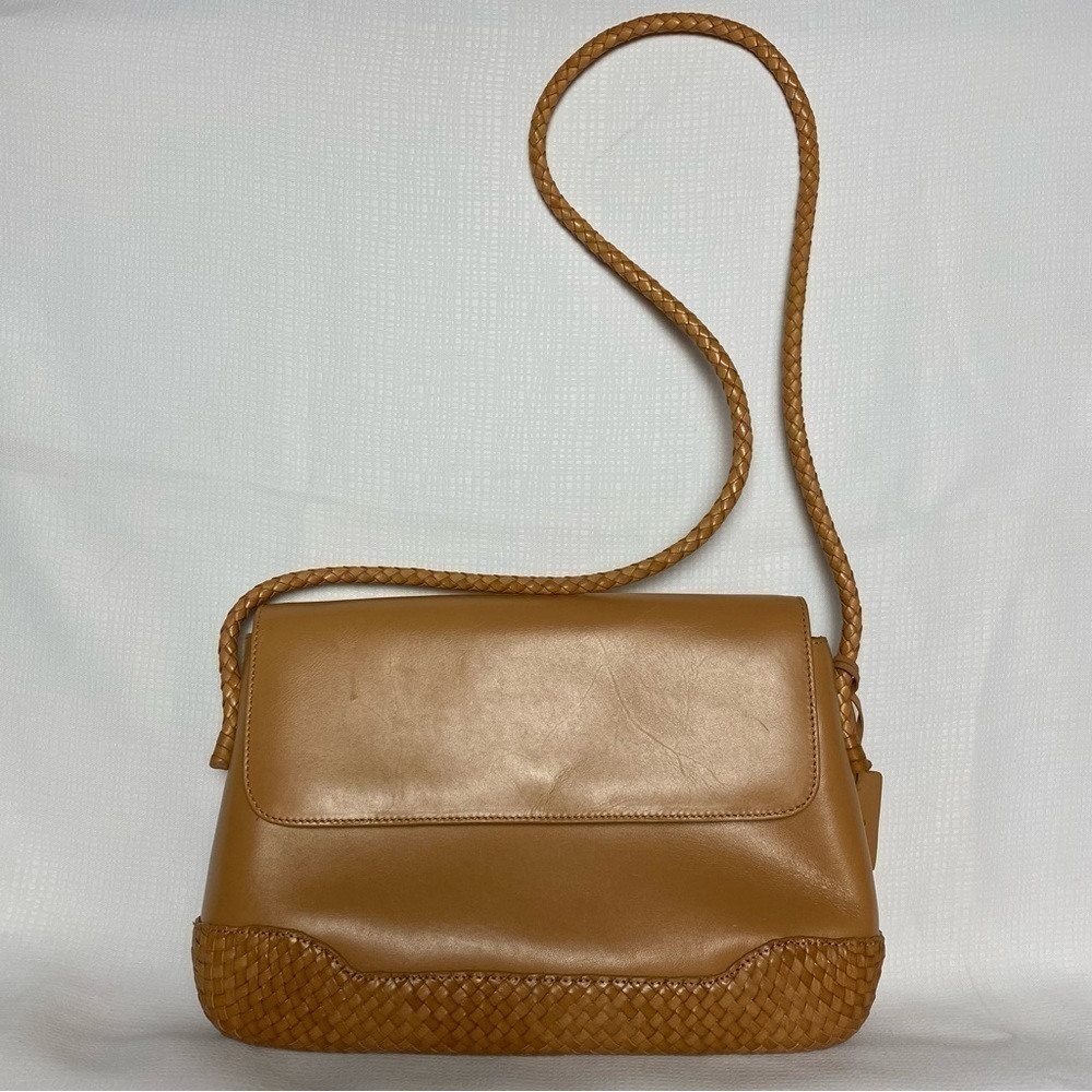 Etienne Aigner Genuine Leather Magnetic Flap Closure Woven Detail Shoulder Bag